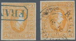 Rumänien: 1865, Cuza 2 Par. Orange, Two 4-margined Stamps On Laid Paper, One With Boxed FRANCO In Bl - Gebruikt