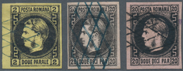 Rumänien: 1866, Carol 2 Par. Black On Yellow, Marginal Item, 20 Par. Black On Rose, One With Variety - Used Stamps