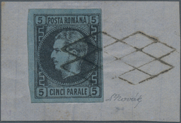 Rumänien: 1866, Carol 5 Par. Black On Blue, Full To Huge Margins On A Piece With Neatly Cancellation - Gebraucht