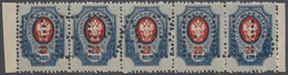 Russland: 1908, 20 K Ultramarine/red Stripe Of Five With Letter Perforation ("specimen"). - Used Stamps