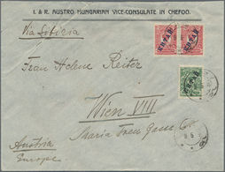 Russische Post In China: 1910, 2 K. Green And 4 K. Carmine (2, Blue Ovpt.) Tied "INKOU 9 5 14" To Co - China