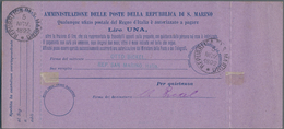 San Marino - Ganzsachen: 1892: 10 C Blue On Violet Postal Stationery Money Order, Uprated With 2 C G - Entiers Postaux