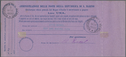 San Marino - Ganzsachen: 1892: 10 C Blue On Violet Postal Stationery Money Order, Uprated With 2 C G - Postal Stationery