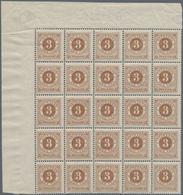 Schweden: 1887, Circle Type 3öre Brown With Blue Posthorn On Back Block Of 25 From Upper Left Corner - Gebraucht