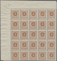 Schweden: 1887, Circle Type 3öre Brown With Blue Posthorn On Back Block Of 25 From Upper Left Corner - Oblitérés