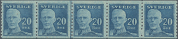 Schweden: 1920, King Gustaf V. Full Face 20öre Blue Vert. Perf. Without Wmk. Horizontal Strip Of Fiv - Gebraucht