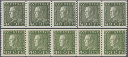 Schweden: 1934, King Gustaf V. 40öre On White Paper In Two Horizontal Strips Of Five In Different Sh - Used Stamps
