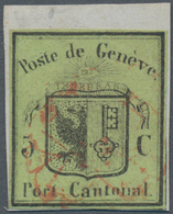 Schweiz - Genf: 1845 Kleiner Adler 5 C. Schwarz/gelbgrün, Gebraucht Und Entwertet Mit Roter Rosette - 1843-1852 Timbres Cantonaux Et  Fédéraux