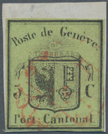 Schweiz - Genf: 1845 Kleiner Adler 5 C. Schwarz/gelbgrün, Gebraucht Und Entwertet Mit Roter Rosette - 1843-1852 Federale & Kantonnale Postzegels