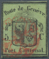 Schweiz - Genf: 1845, 5 C Schwarz Auf Lebhaftgelboliv Entwertet Mit Roter Rossette, Die Marke Ist Fa - 1843-1852 Timbres Cantonaux Et  Fédéraux
