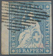 Schweiz: 1854, 10 Rp Blau Sitzende Helvetia, Sog. 'Strubel-Ausgabe', Auf Sehr Dünnem Münchener Papie - Andere & Zonder Classificatie