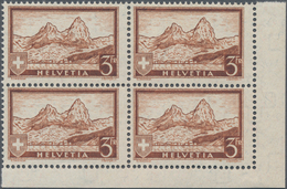 Schweiz: 1931 Gebirgslandschaften 3 Fr. Braun Im Rechten Unteren Eckrand-4er-Block, Tadellos Postfri - Sonstige & Ohne Zuordnung