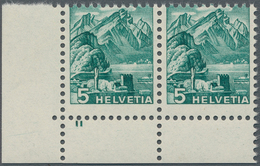 Schweiz: 1936, Freimarken Landschaften, 5 Rp. Bläulichgrün, Glatter Gummi, Verzähntes Eckrandpaar Li - Other & Unclassified