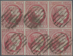Spanien: 1853, 6cs. Carmine Rose, Block Of Six, Fresh Colour And Full Margins All Around, Clearly Ca - Usati