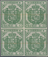 Spanien: 1854, 2cs. Green, Proof Block Of Four On Ungummed Paper With Faint Annulment Marks, Certifi - Gebruikt