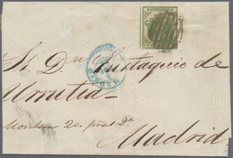 Spanien: 1854, 2cs. Green, Fresh Colour, Close To Large Margins With Part Of Adjoining Stamp, Single - Gebraucht