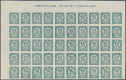 Spanien: 1938, Numeral Definitive 15c. Blue-green On White Paper IMPERFORATE Half Sheet (50 Stamps) - Oblitérés