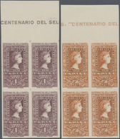 Spanien: 1950, Centenary Of Spanish Stamps Complete Set Of Eight In Blocks Of Four From Upper Margin - Gebraucht