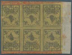 Türkei: 1863, TUGRALI 20 Pa. Black On Yellow Thin Paper, Marvellous Mint Right Margin Block Of Six S - Autres & Non Classés