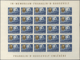 Ungarn: 1947, President Roosevelt Normal Set Of Four In Complete IMPERFORATE Sheets With 25 Stamps E - Sonstige & Ohne Zuordnung