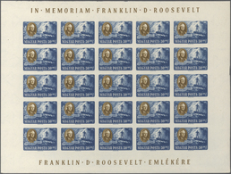 Ungarn: 1947, President Roosevelt Normal Set Of Four In Complete IMPERFORATE Sheets With 25 Stamps E - Other & Unclassified