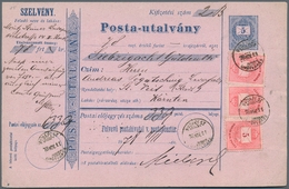 Ungarn - Ganzsachen: 1878, 5 F Blue Postal Money Order With Additional Franking With A Small Thimble - Ganzsachen