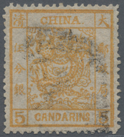 China: 1878, Large Dragon Thin Paper 5 Ca. Yellow Canc. Indistinct Large Seal (Michel Cat. 420.-). - 1912-1949 République