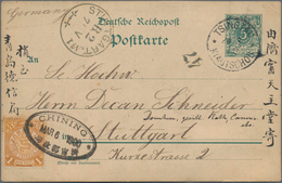 China: 1900, 5 Pf Green German Postal Stationery Card From TSINGTAU To Stuttgart With Additional Fra - 1912-1949 République