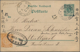 China: 1900, 5 Pf Green German Postal Stationery Card From TSINGTAU To Stuttgart With Additional Fra - 1912-1949 Repubblica