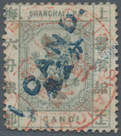 China - Shanghai: 1875, 1 Cand. In Blue On 6 Cds. Slate, Canc. Full Strike Small Red Garter Type (Ch - Autres & Non Classés