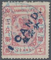 China - Shanghai: 1877, 1 Cand. In Blue On 3 Cds.rose, Canc. Small Size Blue Garter Type (Chan LS65; - Other & Unclassified