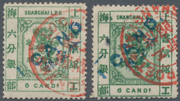 China - Shanghai: 1877, 1 Cand. In Blue On 6 Cds.green Resp. Deep Green, Both Canc. Red Bilingual Do - Sonstige & Ohne Zuordnung