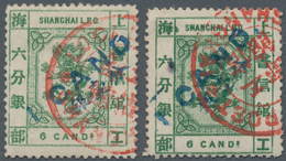 China - Shanghai: 1877, 1 Cand. In Blue On 6 Cds.green Resp. Deep Green, Both Canc. Red Bilingual Do - Other & Unclassified