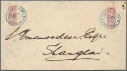 China - Shanghai: 1893, Bisect 1/2 C. On 5 Ct. Rose (2) Tied Blue Bilingual "LOCAL POST * SHANGHAI" - Other & Unclassified