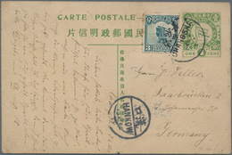 China - Ganzsachen: 1913/15, 1 C. Cards (2) Uprated Junk 3 C. Green Canc. Bisected Bilingual "CHANGS - Cartoline Postali