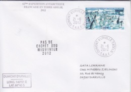 Terre Adélie  21/6/12 (date Midwinter) N° 598 (manchots Sur La Banquise) + Cachet Pas De Cachet DDU Midwinter 2012 - Covers & Documents