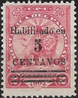 PARAGUAY 1907 Lion Surcharged Habilitado En And Value And Bars -  5c. On 2c - Red MNG - Paraguay