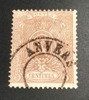 1866-67 5c Brun-gris OBLIT CAD RARE ANVERS SANS DATE Yv. 25 (Belgique Belgium Belgien - 1866-1867 Blasón