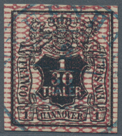 Hannover - Marken Und Briefe: 1850, 1/30 Thaler/1 Sgr. Schwarz Mit Netzwerk In Rotkarmin Entwertet M - Hanovre