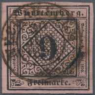 Württemberg - Marken Und Briefe: 1851, 9 Keuzer Schwarz Auf Dunkelrosa Sauber Und Zentrisch Entwerte - Sonstige & Ohne Zuordnung