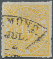 Württemberg - Marken Und Briefe: 1869, 14 Kreuzer Zitronengelb Sauber Durchstochen Mit Teilabschlag - Altri & Non Classificati