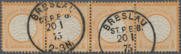 Deutsches Reich - Brustschild: 1872, Großer Schild ½ Gr Orange Im Viererstreifen Mit K1 "BRESLAU ST. - Storia Postale