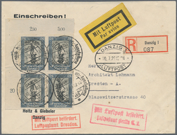 Danzig: 1929, 25 Pfg. Ausstellung Im Eckrand-4er-Block Links Oben Auf R-Luftpost-Brief Von "DANZIG 1 - Other & Unclassified