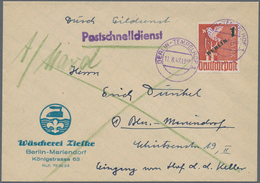 Berlin: 1949, 1 DM Grünaufdruck Als Einzelfrankatur Auf Postschnelldienst-Brief Von "B - Briefe U. Dokumente