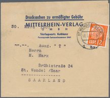 Saarland (1947/56): 1953/1957, Zwei Zeitungs-Streifbänder: Saar V 3 Fr. Bräunlichlila (kl. Schürfung - Briefe U. Dokumente