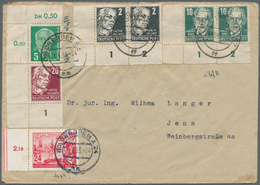 DDR: 1952/1953, 5-Farbenbrief Mit 4x Eckrand- Und 1x Randstück Auf Brief Von Dresden Nach Jena, Dabe - Briefe U. Dokumente