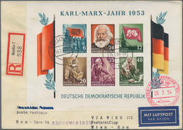 DDR: 1953, Geschnittener Marx-Block Auf R-Erstflugbrief Ab "BERLIN W7 14.7.54" Nach Rom, Vs. Roter B - Storia Postale