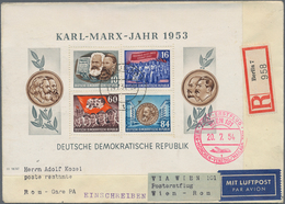 DDR: 1953, Gezähnter Marx-Block Auf R-Erstflugbrief Ab "BERLIN W7 14.7.54" Nach Rom, Vs. Roter Bestä - Storia Postale