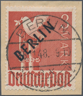 Berlin: 1948, 3 Mark Schwarzaufdruck, Zentrisch Gestempelt Mit Versandstellenstempel Auf Briefstück, - Storia Postale