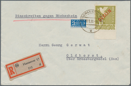 Berlin: 1 DM Rotaufdruck Vom Unterrand Als EF Auf R-Bf. Mit Rückschein Ab Hannover Vom 30.1.50 Nach - Brieven En Documenten